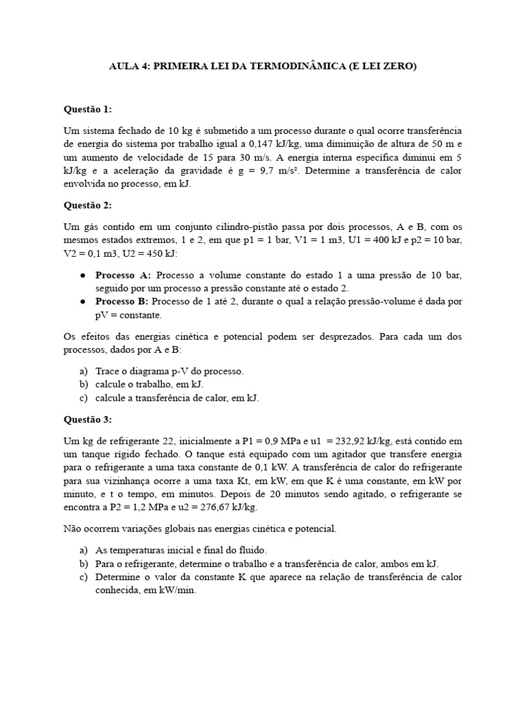 Termodinâmica: Primeira Lei e Exercícios | PDF | Calor | Transferência ...