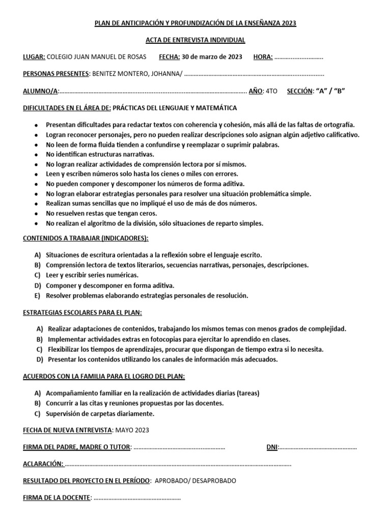 Plan de Mejora para 4to Grado 2023 | PDF | Comprensión lectora ...