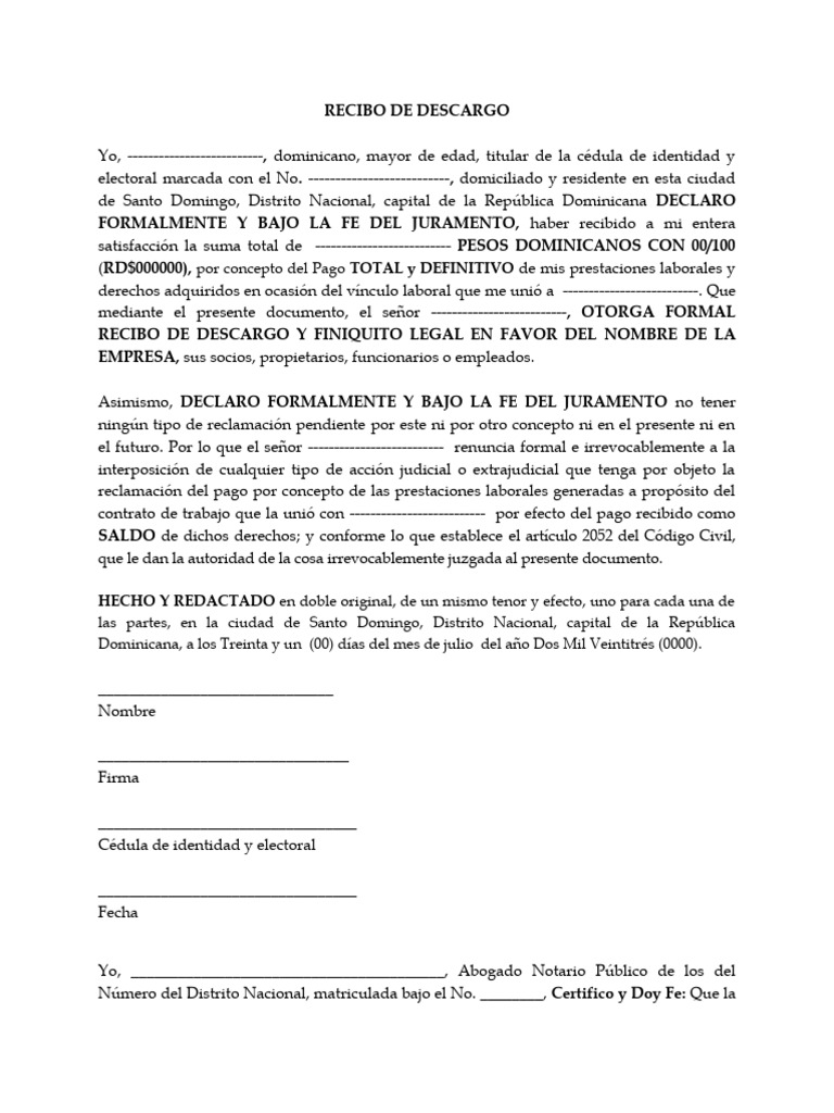 Recibo de Descargo Prestaciones Laborales | PDF | República Dominicana ...