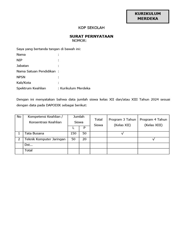 Surat Pernyataan Kurikulum Merdeka Pdf