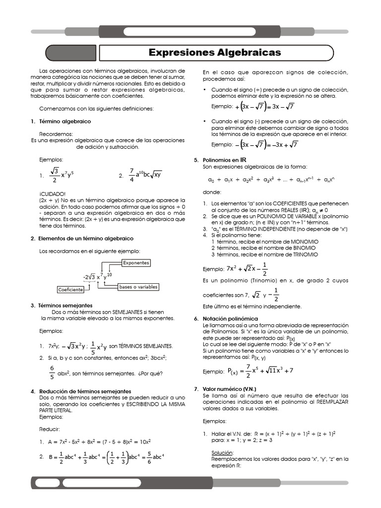 Operaciones con Expresiones Algebraicas | PDF | Polinomio | Variable ...