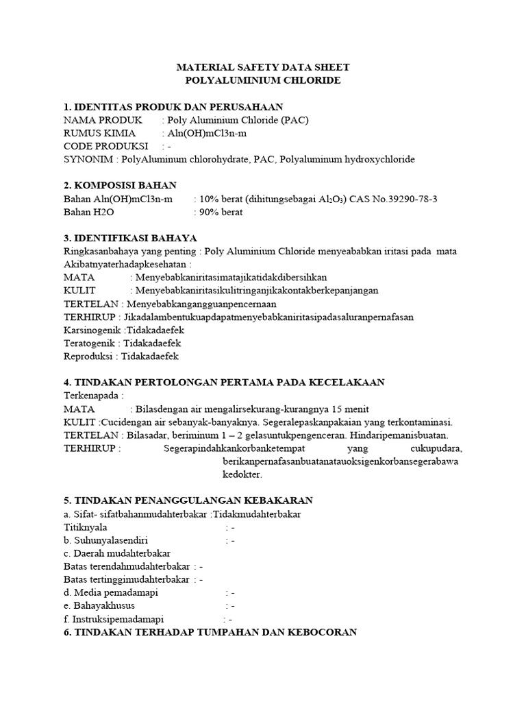 MSDS Polyaluminium Chloride (PAC) | PDF | Sains & Matematika