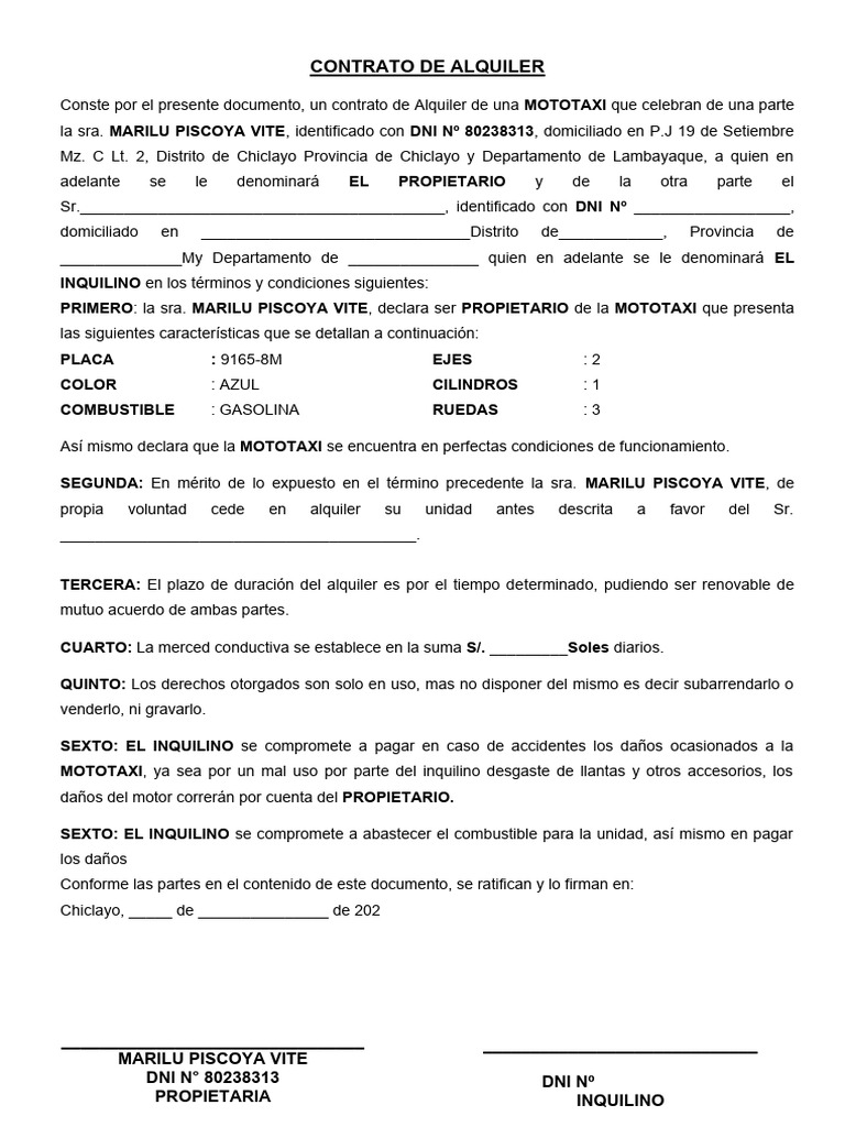 Contrato de Alquiler de Mototaxi | PDF | Vehículo de motor | Vehículos