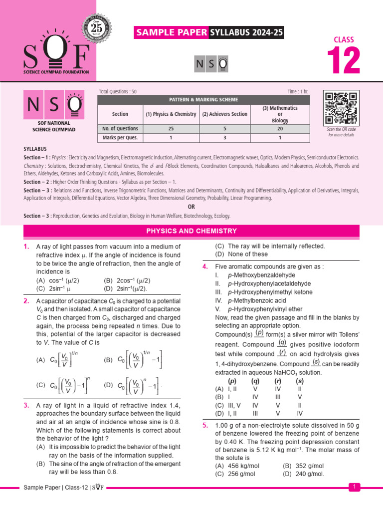 Class 12 Science Olympiad Sample Paper | PDF | Electromagnetic ...