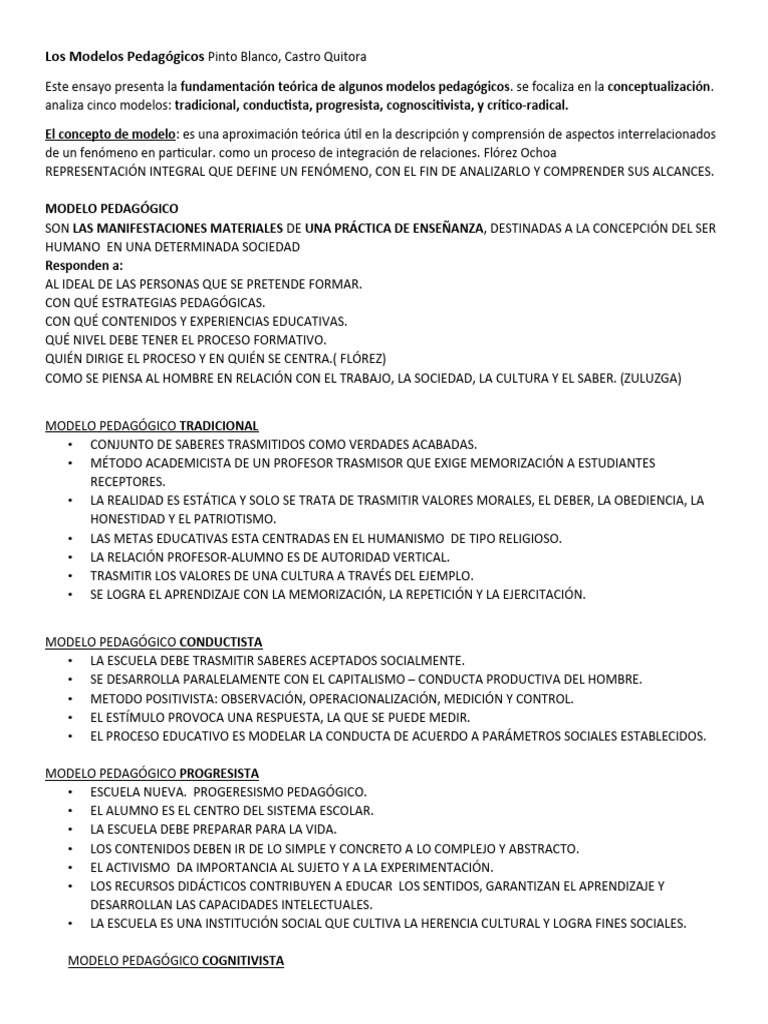 Cuadro Comparativo de Modelos Pedagógicos | PDF | Aprendizaje | Pedagogía