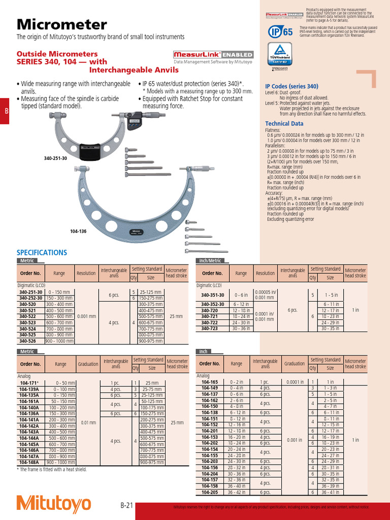 Micrometer: Outside Micrometers SERIES 340, 104 - With Interchangeable ...