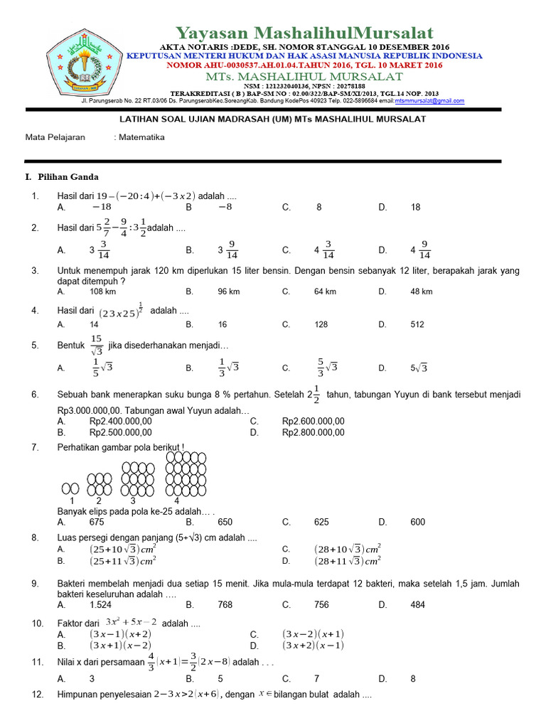 Latihan Soal Matematika MTs Mashalihul Mursalat | PDF