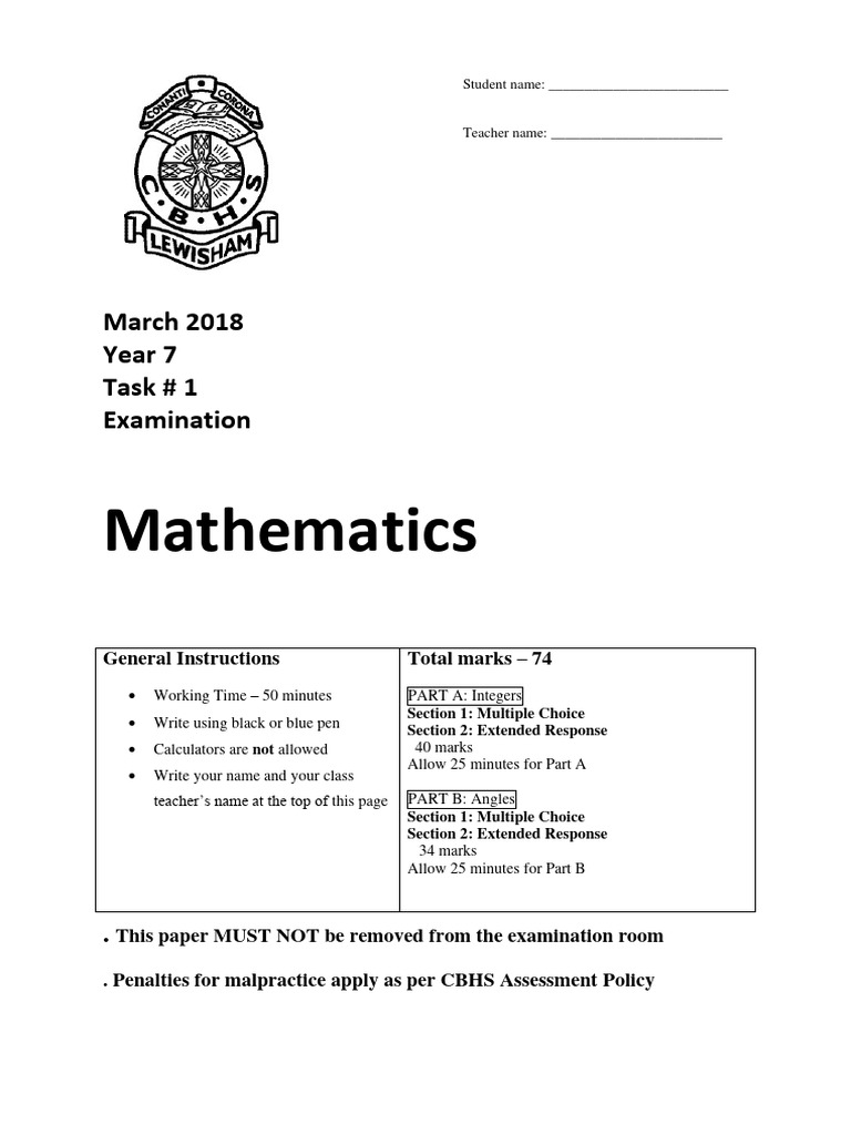 Year 7 Term 1 Maths Test | PDF | Angle | Mathematics