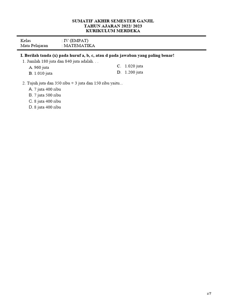 Soal Sumatif Matematika Kelas 4 | PDF