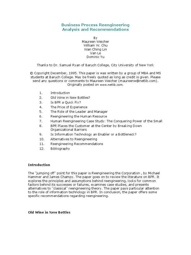 Business Process Reengineering Analysis Recommendations - 