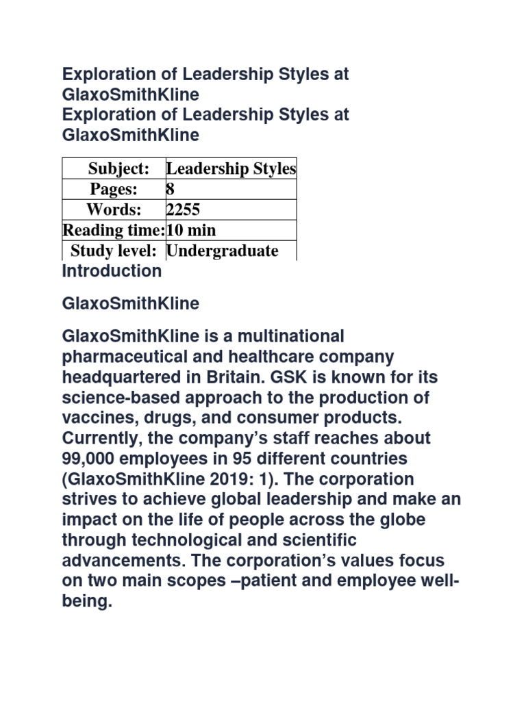 Exploration of Leadership Styles at GlaxoSmithKline | PDF | Leadership ...