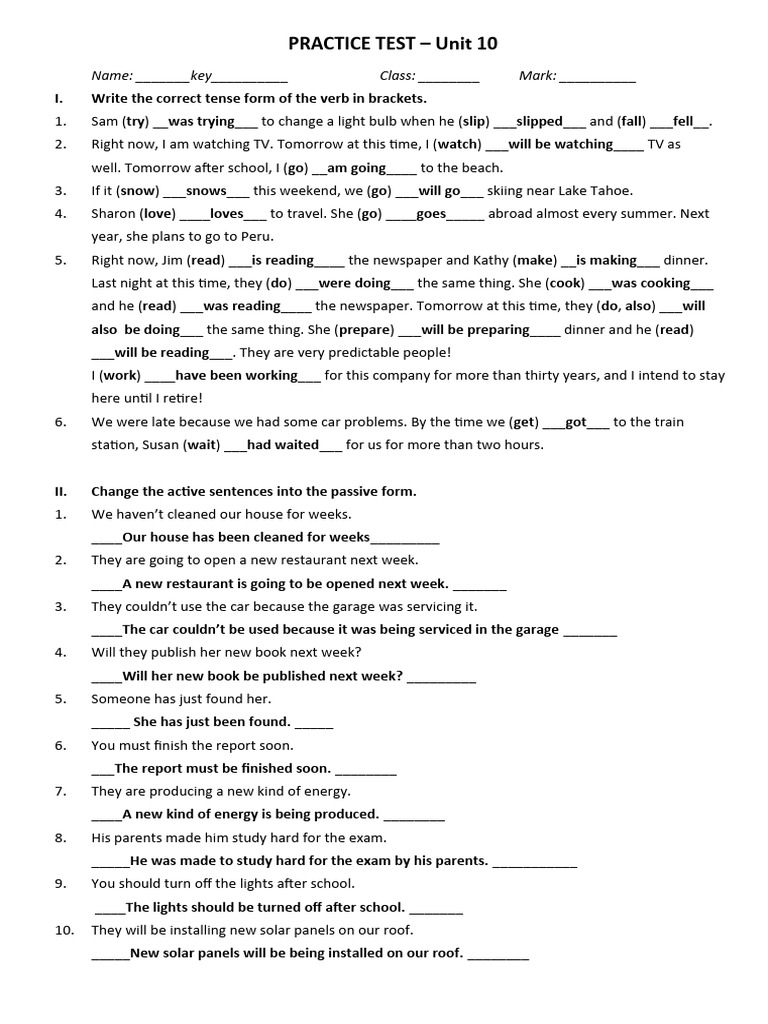 Unit 10 Practice Test: Verb Tenses | PDF | Linguistic Typology ...