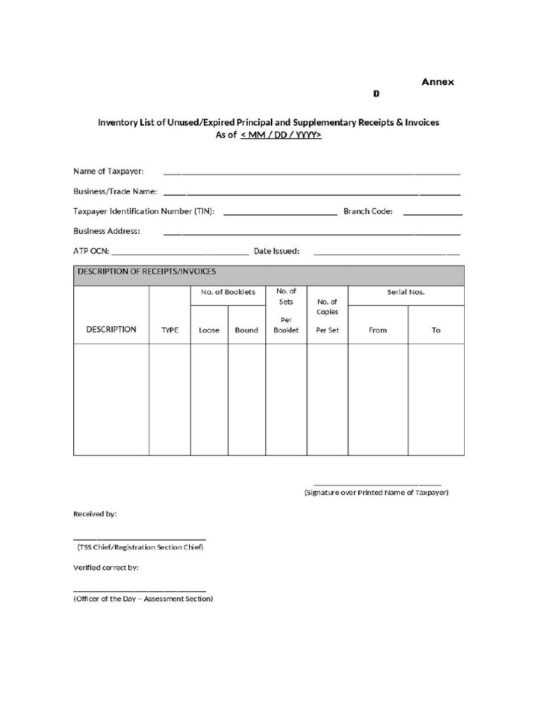 Bir Annex D Inventory List Of Unused Receipts Downloadable