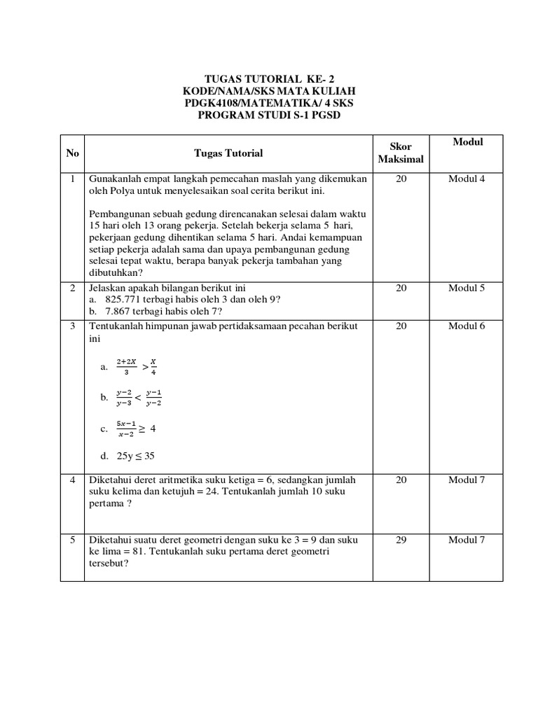 Tugas Tutorial Matematika PGSD 4 SKS | PDF | Metode & Bahan Ajar