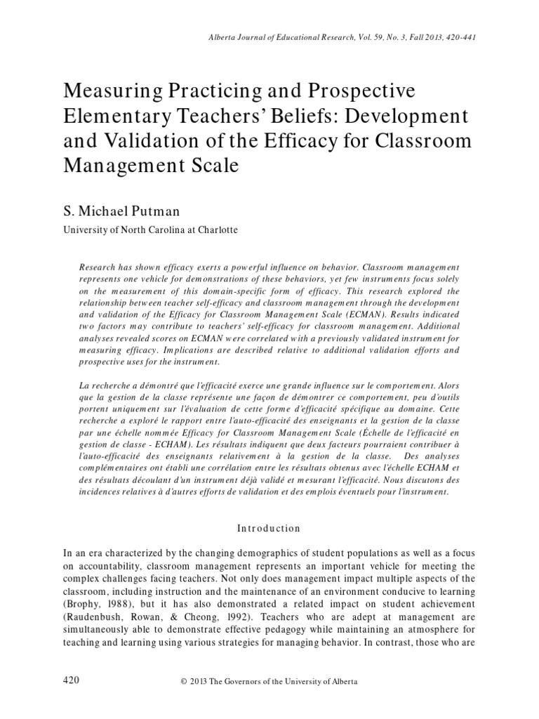 Elementary Teachers Beliefs Pdf Self Efficacy Classroom Management