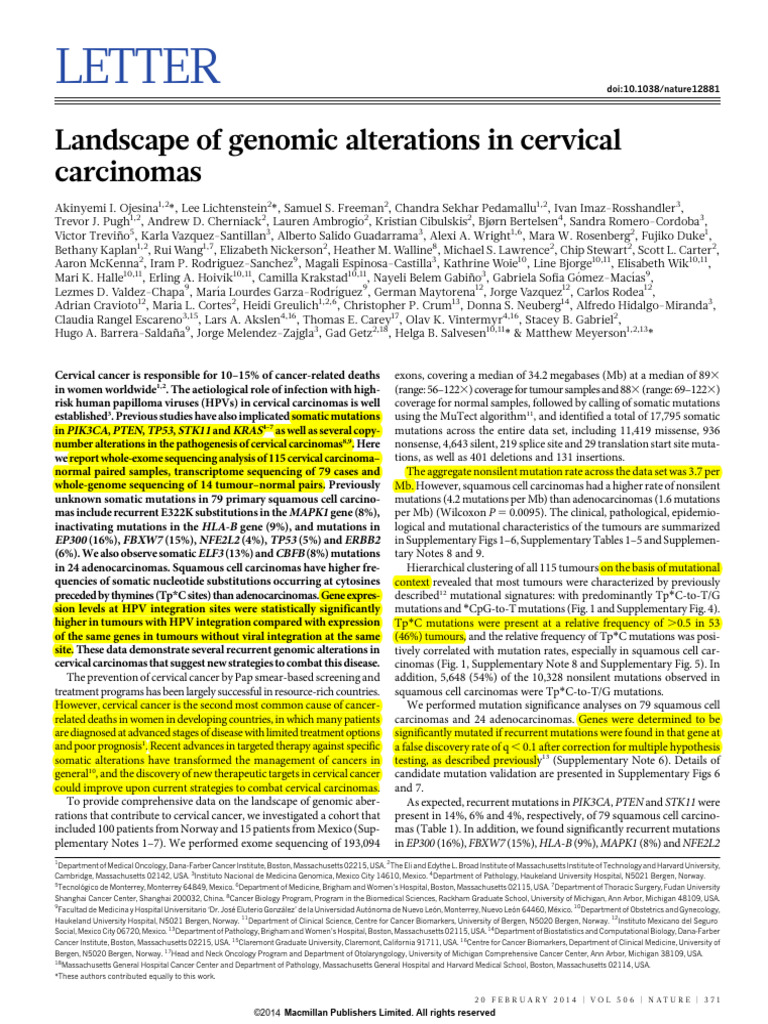 Genomic Alterations in Cervical Carcinomas | PDF | Mutation | Cervical ...