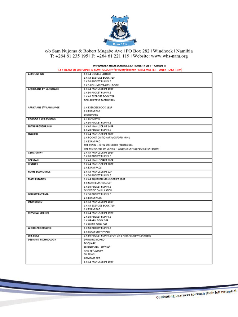Windhoek High School Grade 8 Stationery List | PDF | Art