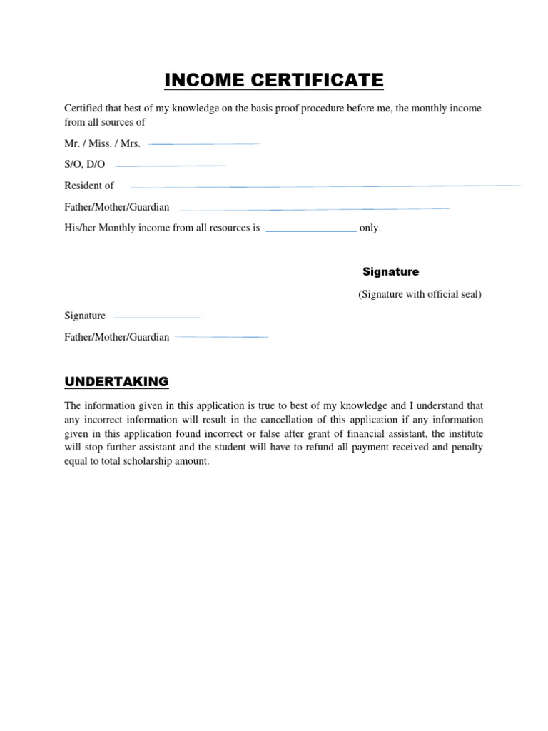 Income Certificate and Undertaking Form | PDF