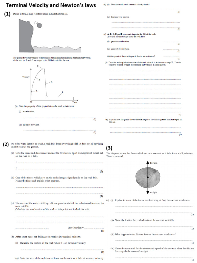 Newton's Laws and Terminal Velocity Questions PDF