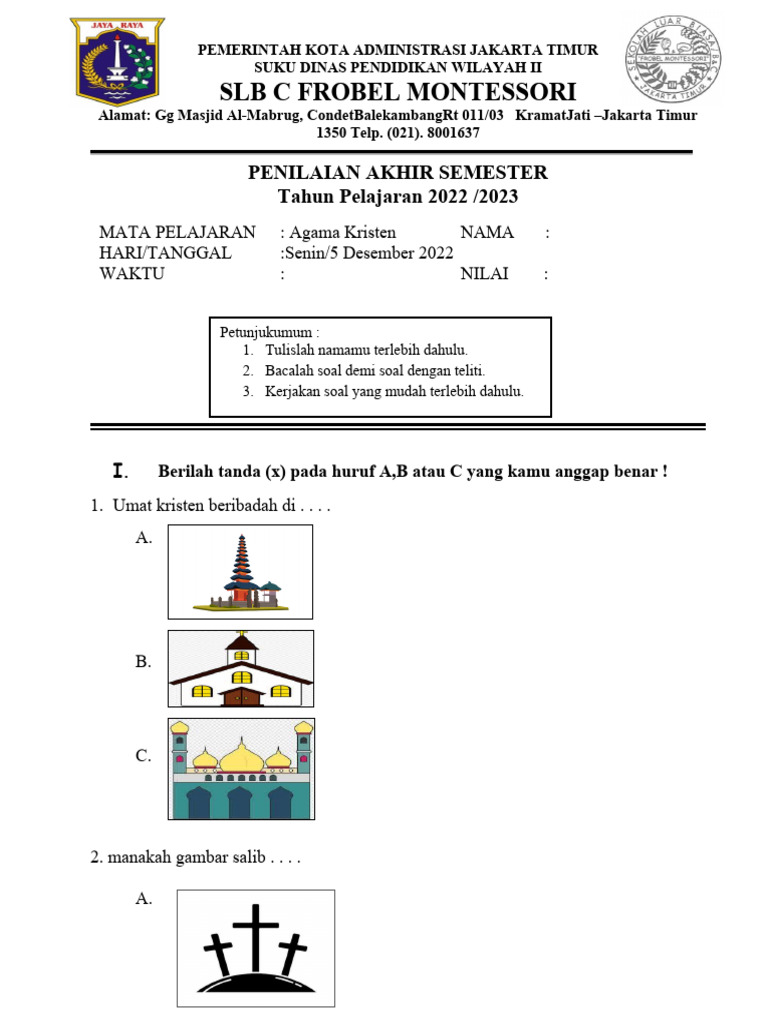 Soal Uas Agama Kristen 2023 SMPLB 7C | PDF