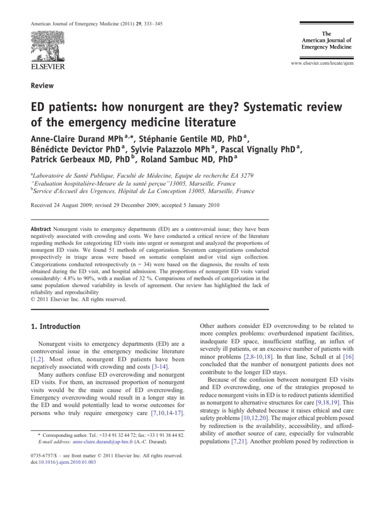 ED Patients How Nonurgent Are They? Systematic Review of The Emergency ...
