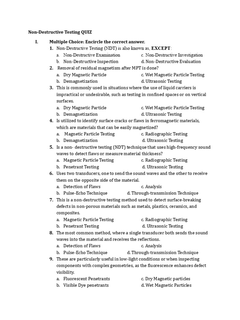 Non-Destructive Testing Quiz Guide | PDF | Nondestructive Testing ...