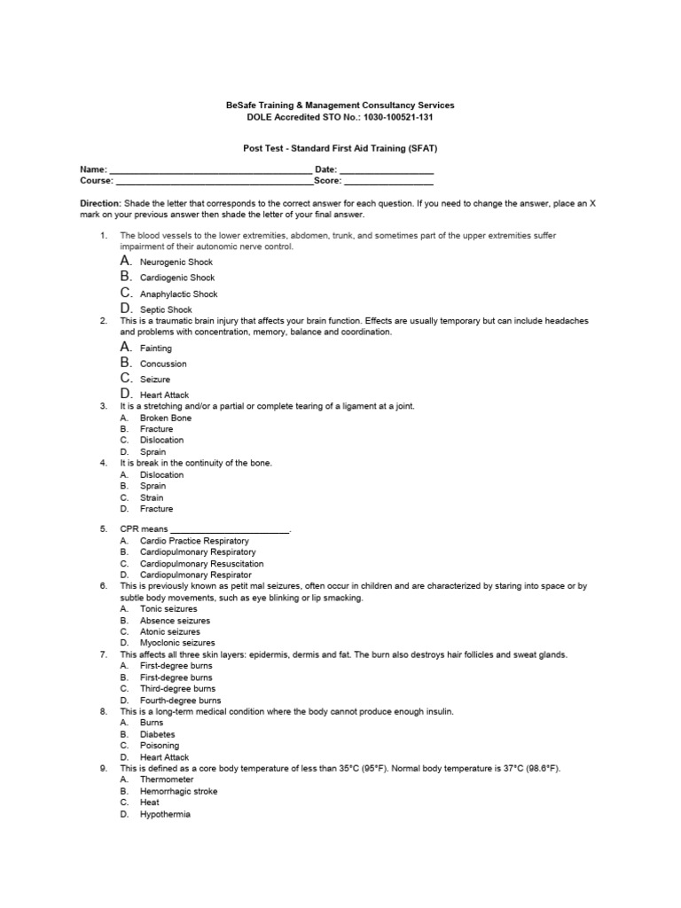 SFAT Post Test for First Aid Training | PDF | Shock (Circulatory ...