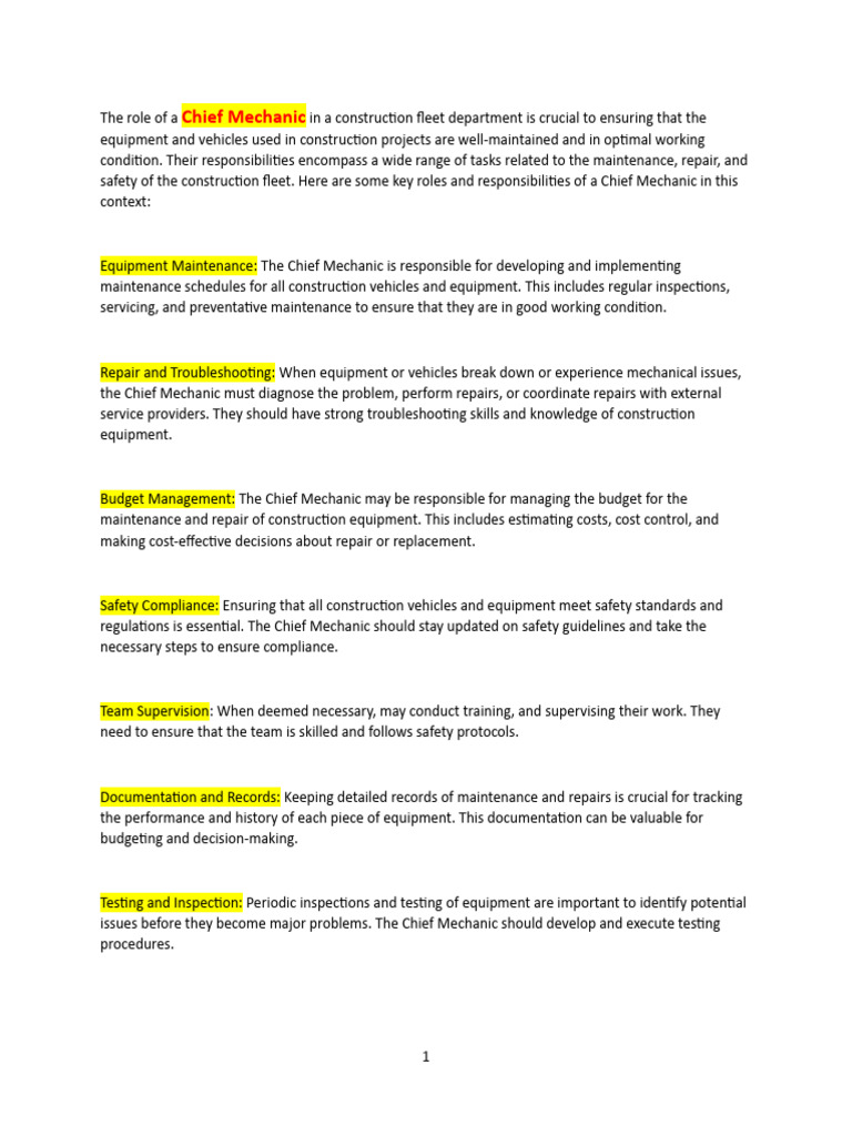 Chief Mechanic's Role in Construction Fleet | PDF