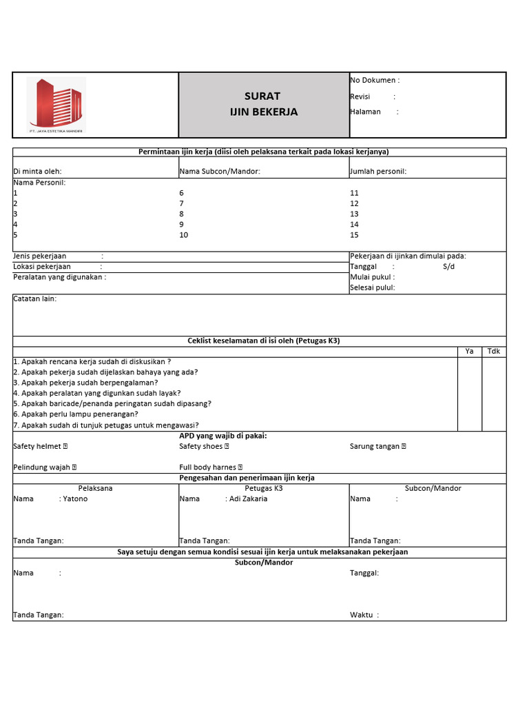 Surat Ijin Kerja HSE JEM | PDF