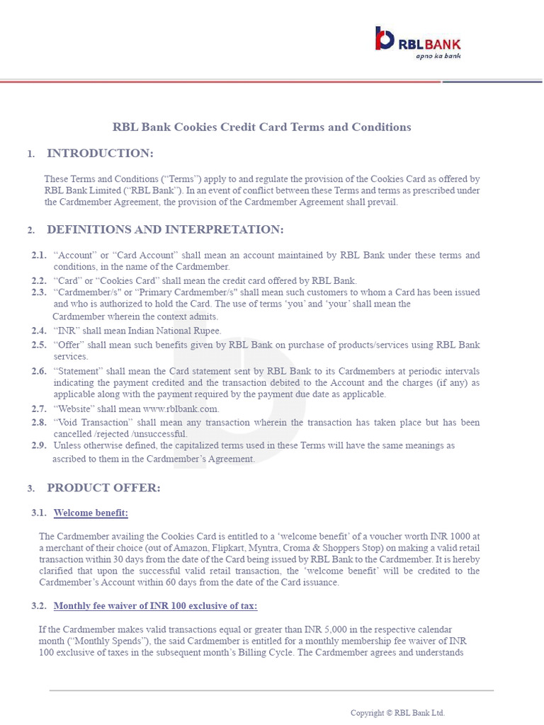 RBL Bank Cookies Card Terms & Benefits | PDF | Credit Card | Banks