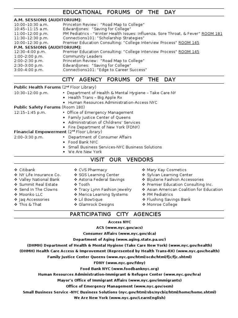 Agenda For Francis Lewis HS Networking Fair PDF