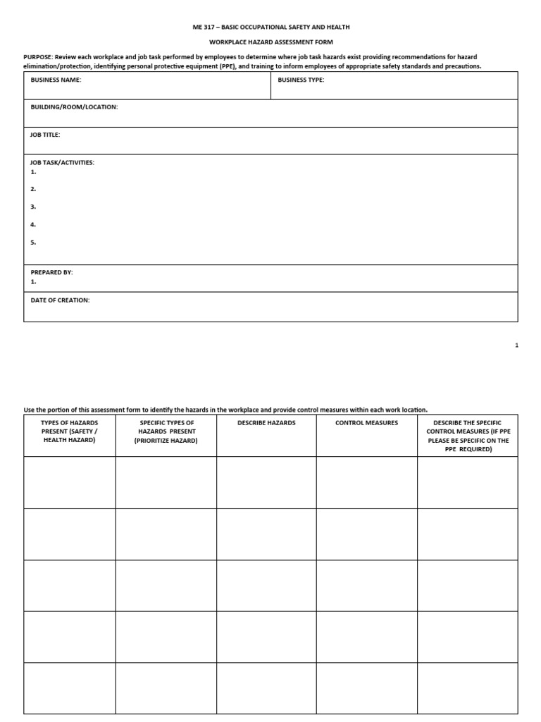 Workplace Hazard Assessment Form | PDF | Personal Protective Equipment ...