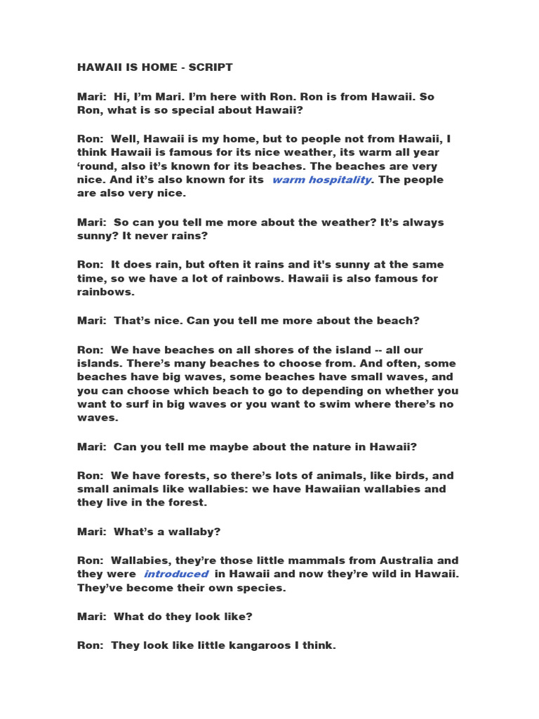 Hawaii Is Home - Script | PDF | Travel | Foreign Language Studies