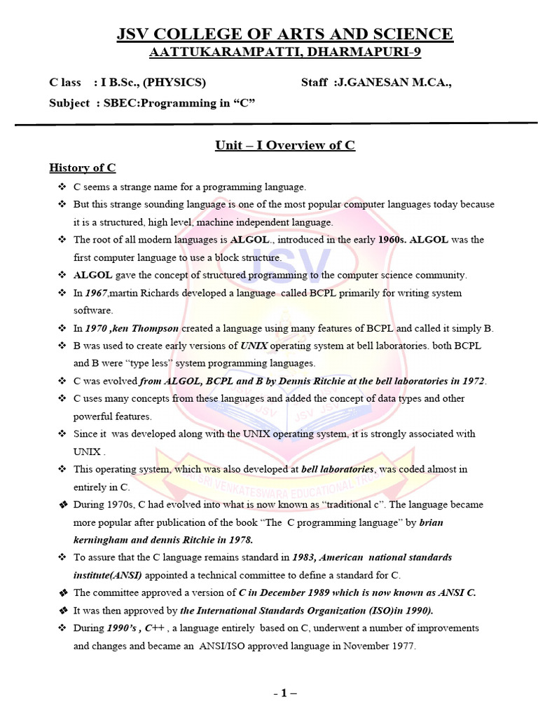 Unit - I Overview of C | PDF | Computer Program | Programming