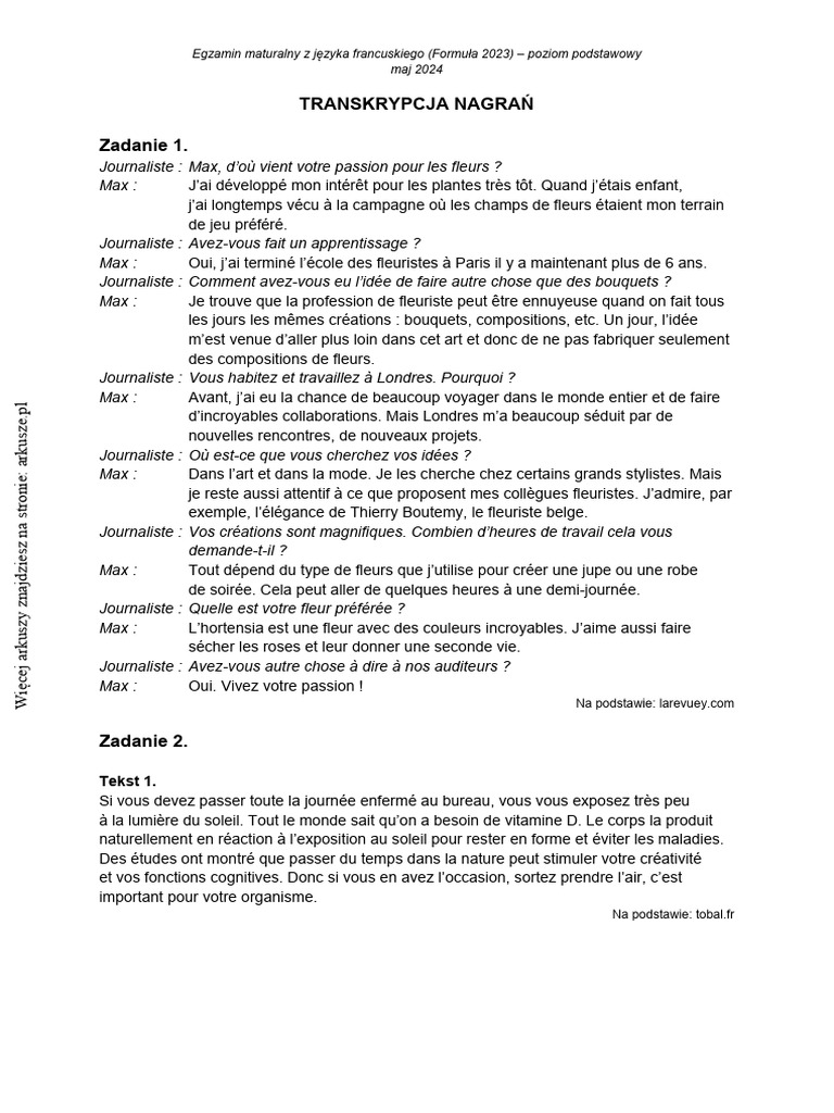 Matura 2024 : Examen de français A1 | PDF