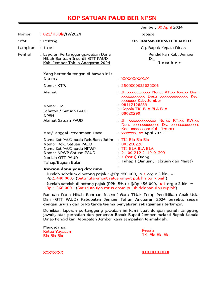 1 Contoh Surat LPJ Insentif THP I-2024 | PDF