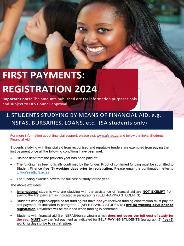 UFS 2024 First Payment Guidelines | PDF | Student Financial Aid In The ...