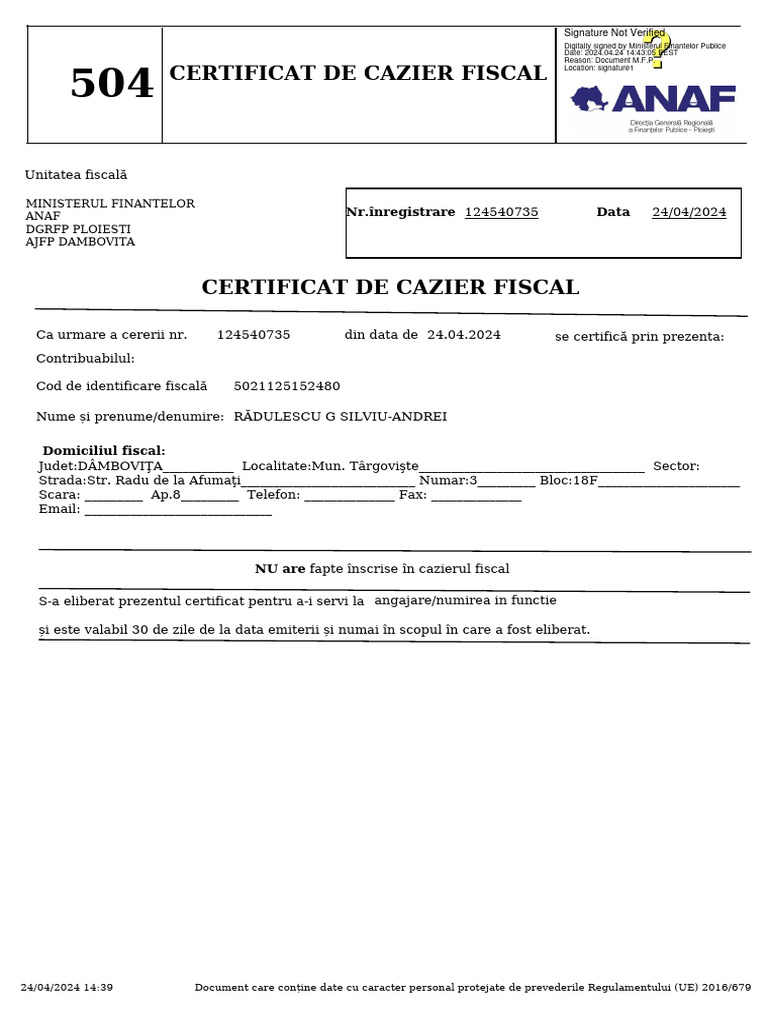 Certificat de Cazier Fiscal: NR - Înregistrare Data | PDF