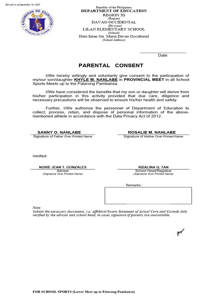 Parental Consent for School Sports Participation | PDF