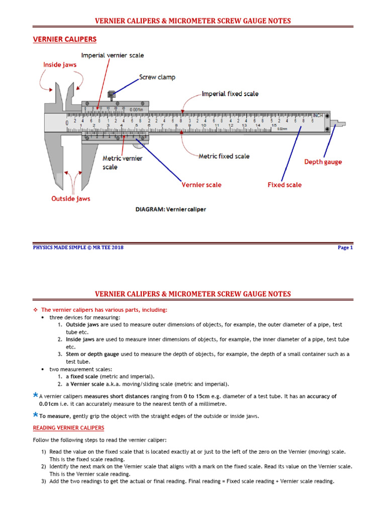 1 Vernier Calipers & Micrometer Screw Gauge My Best Notes Revised PDF