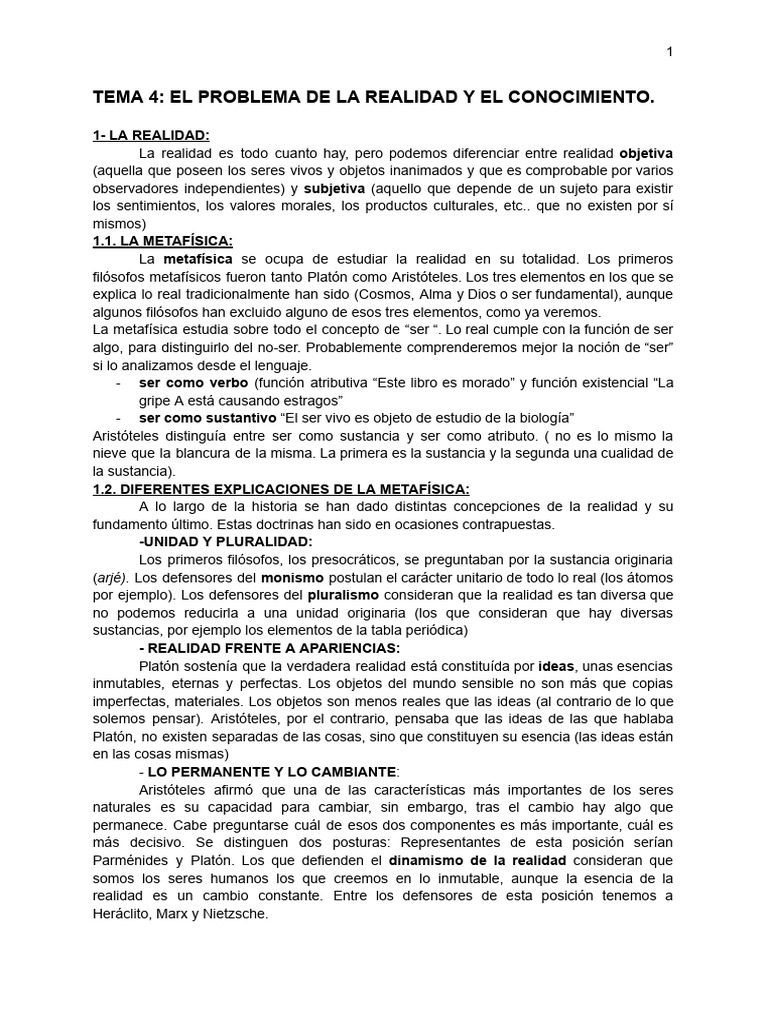 Tema 4 - El Problema de La Realidad y El Conocimiento | PDF ...