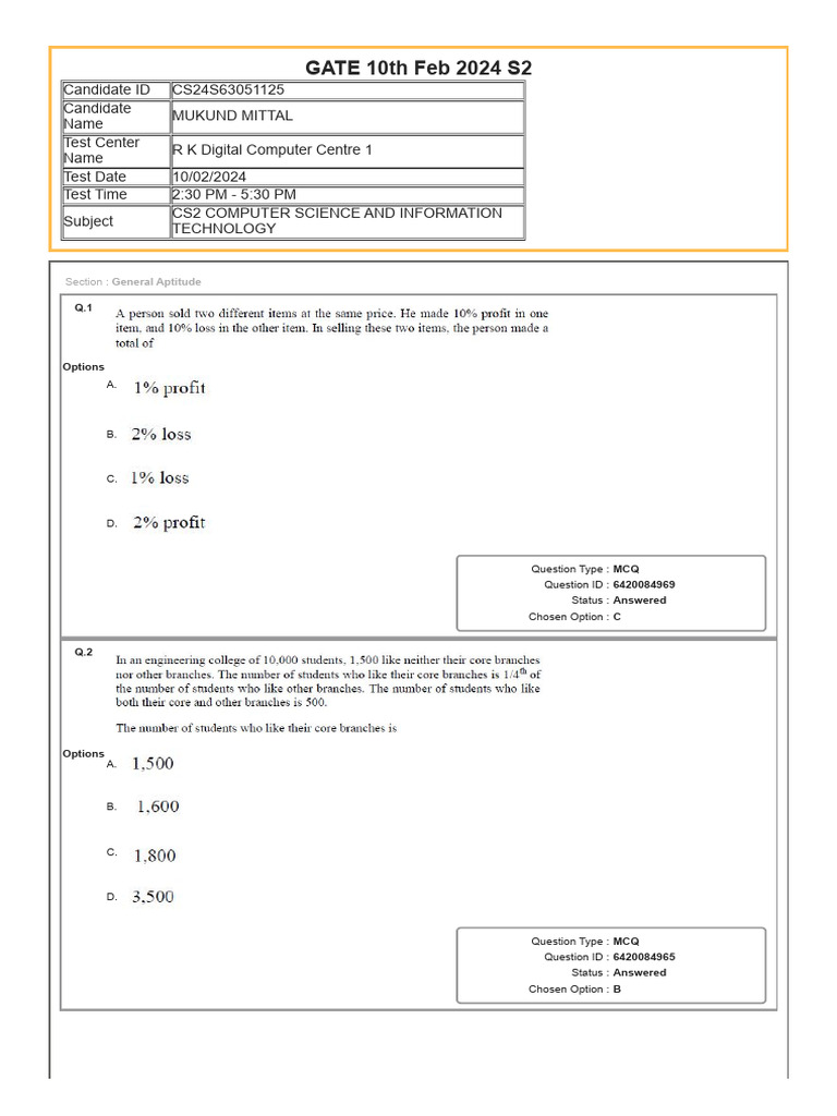 GATE CS Exam Answer Sheet | PDF | Multiple Choice | Qualifications