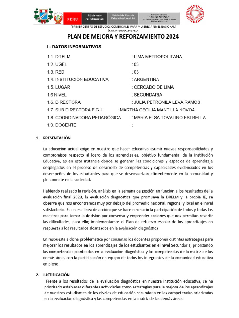 Plan de Mejora de Aprendizajes 2024 | PDF | Evaluación | Puntuación
