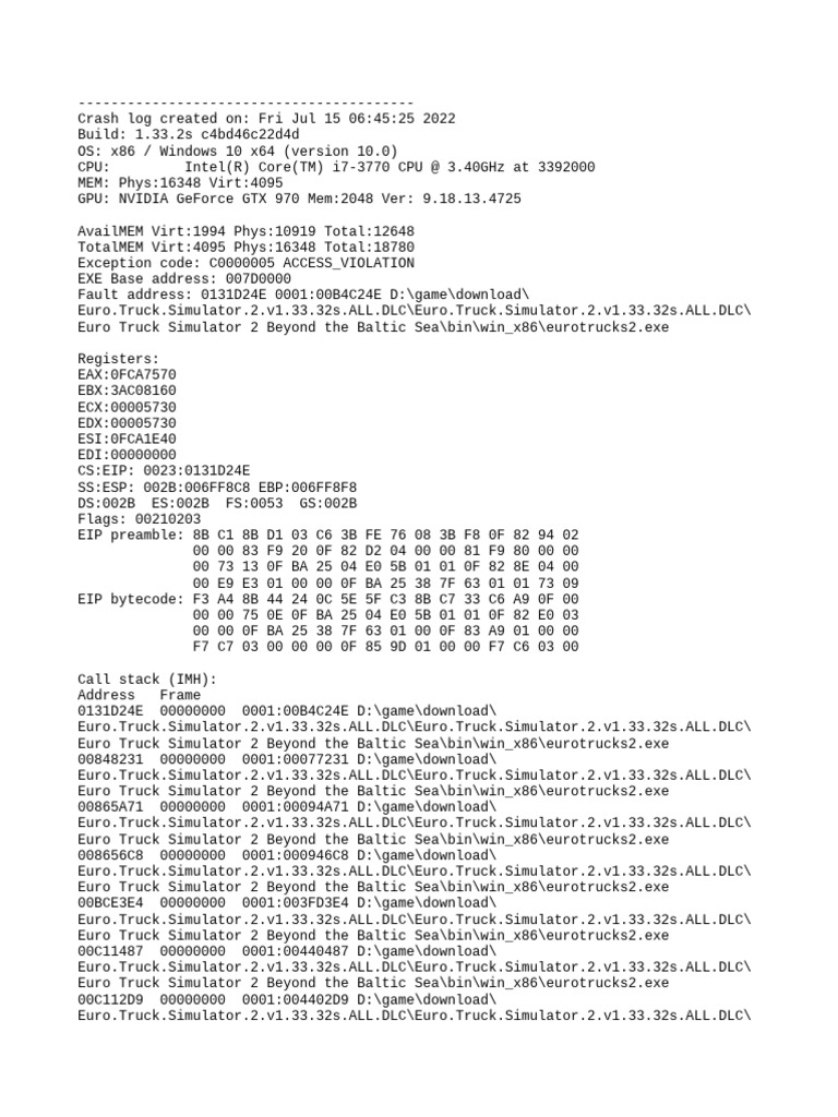 Euro Truck Simulator 2 Crash Log | PDF | System Software | Computing