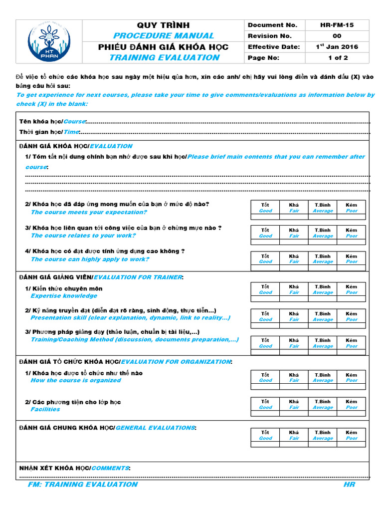 4 HR FM 15 Phieu Danh Gia Sau Dao Tao (Evaluation After Course) PDF