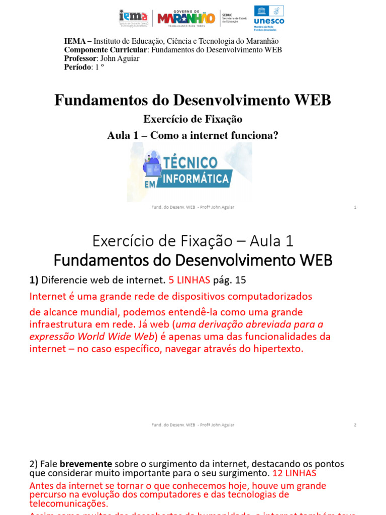 RESPOSTAS Exercicio Aula 1 - Fundamentos WEB | PDF | Internet | Sistema ...