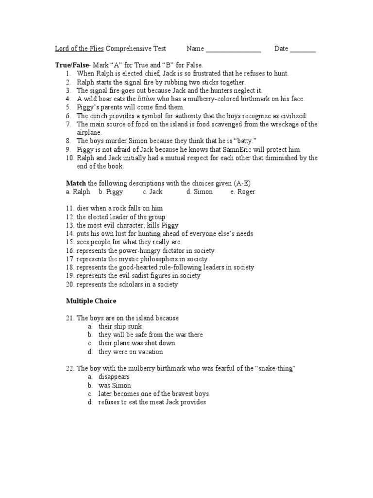 Lord of The Flies Comprehensive Test | PDF | Id | Violence