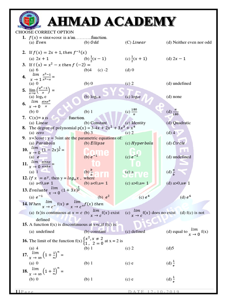 2nd year maths mcqs full book pdf calculus applied mathematics