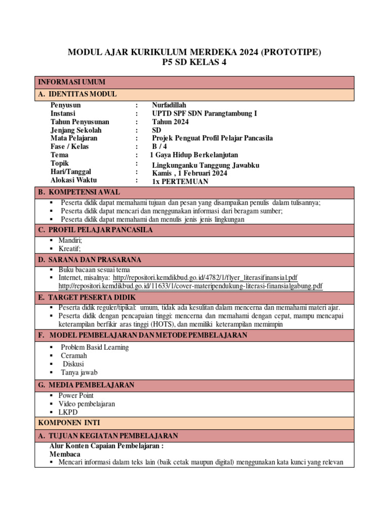 Modul Ajar P5 Sd Kelas 4 Lingkungan Pdf