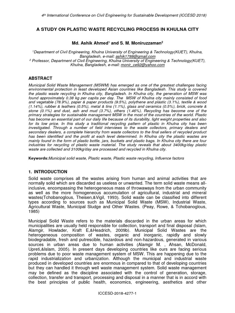 Plastic Waste Recycling in Khulna City | PDF | Recycling | Waste Management